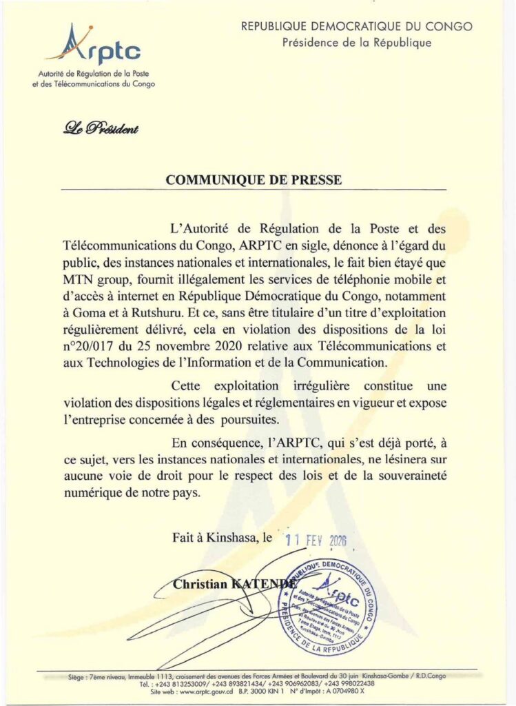 Télécoms : l’ARPTC accuse MTN group d’exploitation illégale des services mobiles à l’Est de la RDC (Communiqué)