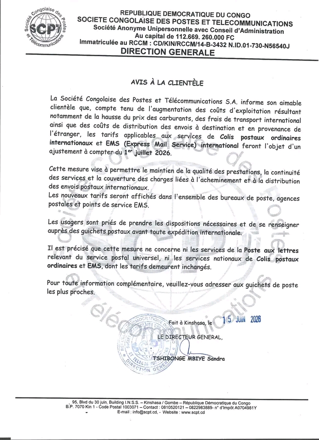 RDC : La SCPT hausse les tarifs postaux internationaux