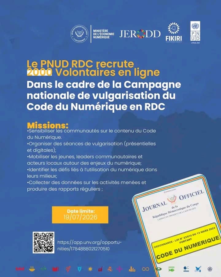 RDC : Le ministère de l’Économie numérique et le PNUD recrutent 2000 volontaires pour vulgariser le Code du Numérique